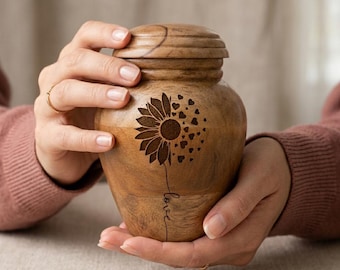 Handmade Wooden Cremation Urn with Sunflower Design | Memorial Ashes Urn | Rustic Keepsake Urn