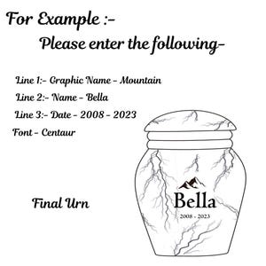 May include: A white urn with a black mountain graphic and the name "Bella" with the dates "2008-2023" printed on it. The urn has a marble-like pattern.