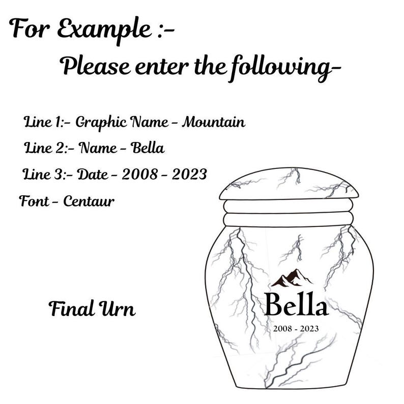 May include: A white urn with a black mountain graphic and the name "Bella" with the dates "2008-2023" printed on it. The urn has a marble-like pattern.