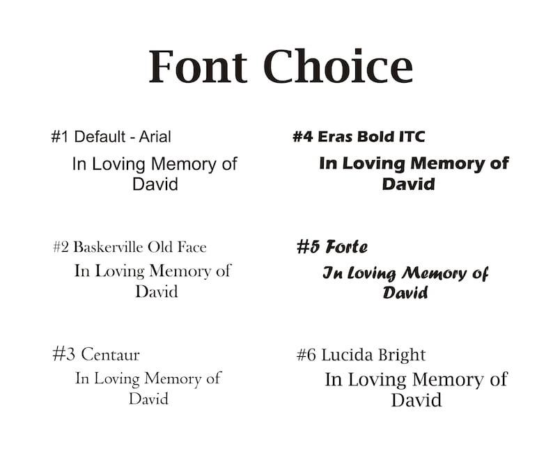 May include: A comparison of six different fonts for the phrase "In Loving Memory of David". The fonts are Arial, Baskerville Old Face, Centaur, Eras Bold ITC, Forte, and Lucida Bright.