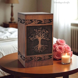 Urne funéraire personnalisée pour cendres humaines Arbre de vie en bois pour boîte à cendres, boîte souvenir pour urne pour cendres d&#39;animal de compagnie, cadeau de sympathie pour la perte d&#39;un animal de compagnie