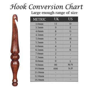 May include: A crochet hook conversion chart with a wooden crochet hook in the image. The chart shows the metric, UK, and US sizes for crochet hooks.