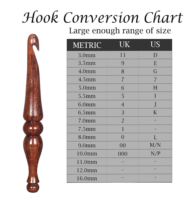 May include: A crochet hook conversion chart with a wooden crochet hook in the image. The chart shows the metric, UK, and US sizes for crochet hooks.