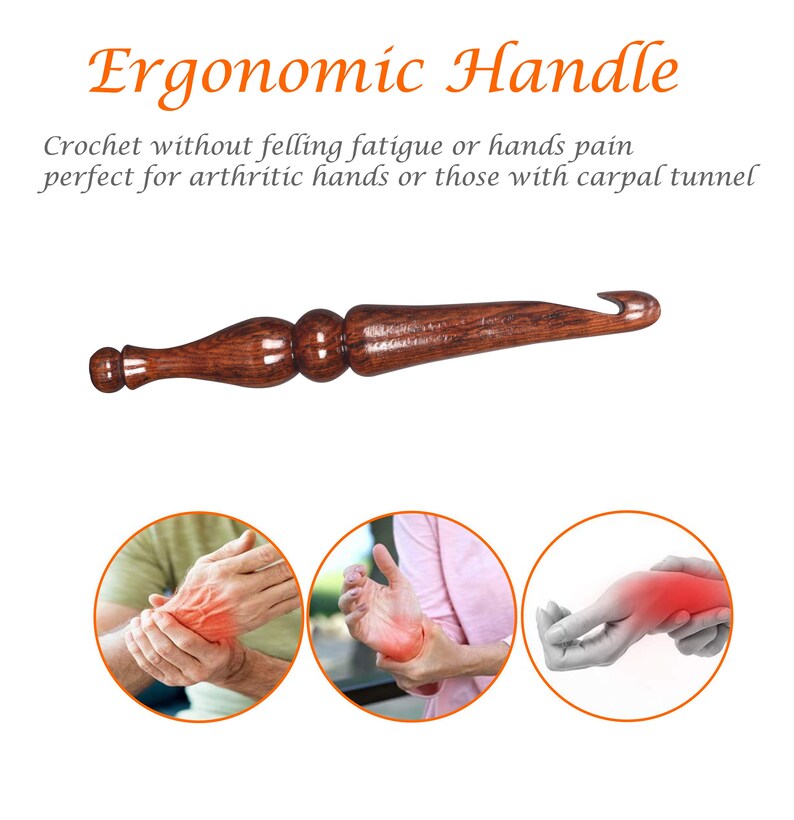 May include: A wooden crochet hook with an ergonomic handle. The hook is designed to help prevent hand fatigue and pain, making it ideal for people with arthritis or carpal tunnel syndrome.