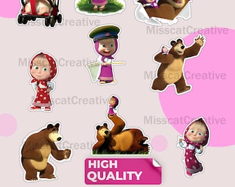 Masha and the Bear Clipart, Cupcake Toppers PNG, Cupcake Wrappers, Cake Topper PNG, Party Printables for Cricut Canva, Instant Download