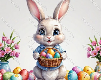 Clipart de Coelho da Páscoa, Pacote com 35 PNGs em Aquarela, Ilustrações Florais de Coelho para a Primavera, Ideais para Quarto de Bebê, Chá de Bebê, Cartões, Diário de Arte, Sublimação