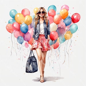 Birthday Girl Clipart, 45 JPG de acuarela de alta calidad, descarga instantánea