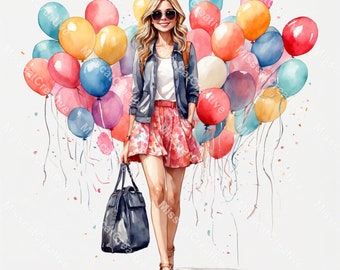 Watercolor Birthday Girl Clipart, 45 PNG Bundle, Balloon Girl Party Graphics for Invitations, Cake Topper, Sublimation, Cricut