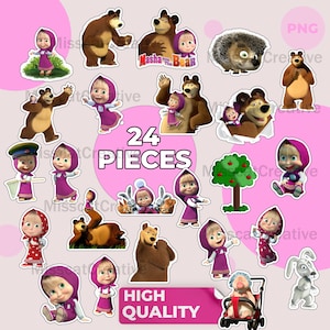 May include: A set of 24 colorful stickers featuring characters from the animated series Masha and the Bear. The stickers include Masha, the bear, a hedgehog, a bunny, and a tree. The stickers are perfect for decorating notebooks, laptops, water bottles, and more.