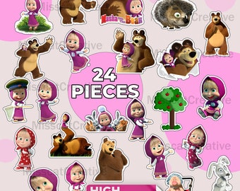 Masha and The Bear Clipart, Cake Topper, Birthday Party Supplies, Printable Party Decorations, Digital PNG files, 24 Pieces