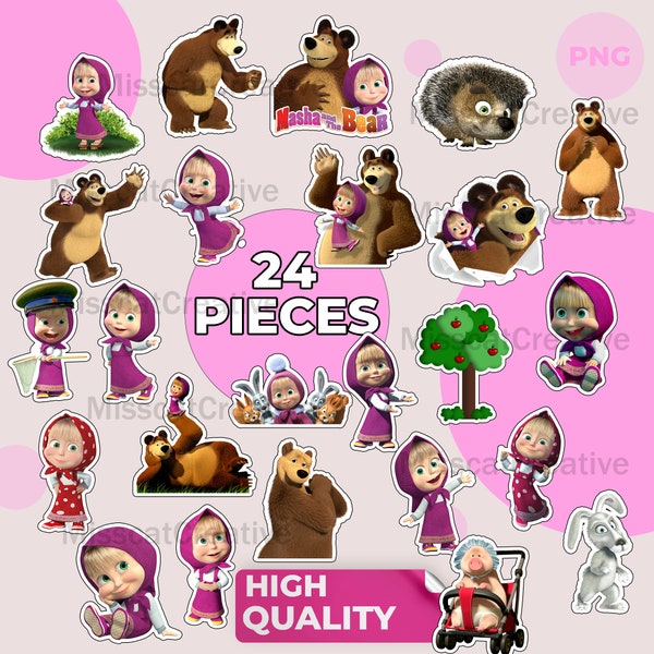 Masha y el oso Clipart, Cake Topper, Suministros para fiestas de cumpleaños, Decoraciones para fiestas imprimibles, Archivos PNG digitales, 24 piezas