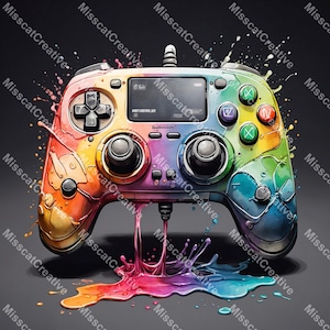 May include: A colorful video game controller with rainbow paint splatters. The controller has a black and white design with a black and white button layout. The controller is dripping with rainbow paint.