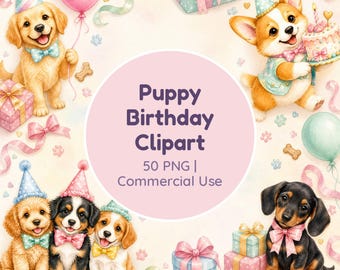 Puppy Birthday Clipart, Dog Cupcake Toppers, Puppy Party Decor PNG, Dog Birthday Invitation Graphics, Dog Party Favors, 50 Watercolor PNG
