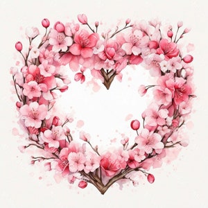 Cherry Blossom Clipart, Heart Wreath, Sakura, 12 High Quality Watercolor JPGs, Instant Download