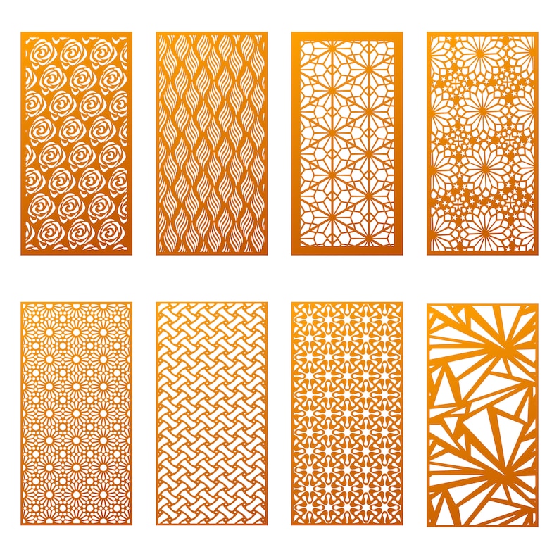 May include: Set of eight different decorative laser cut panel designs. The panels are all rectangular and feature intricate geometric patterns in a white color against a gold background.