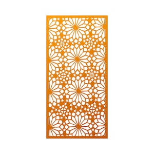 May include: A gold-colored decorative screen with a geometric pattern of stars and flowers. The screen is made of a thin, intricate material and would be perfect for adding a touch of elegance to any room.