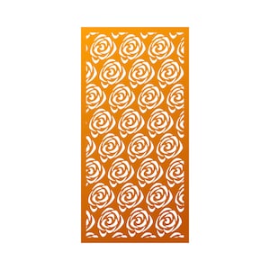 May include: A decorative panel with a repeating pattern of white roses on a gold background. The panel is made of a thin material, possibly metal or wood, and would be suitable for use as a room divider or decorative accent.