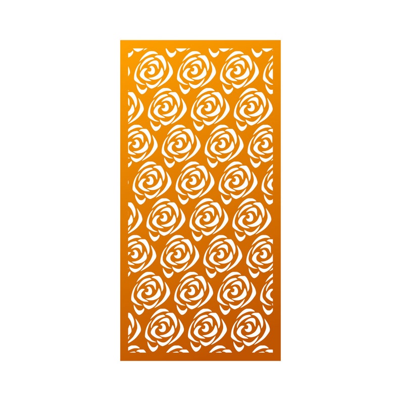 May include: A decorative panel with a repeating pattern of white roses on a gold background. The panel is made of a thin material, possibly metal or wood, and would be suitable for use as a room divider or decorative accent.