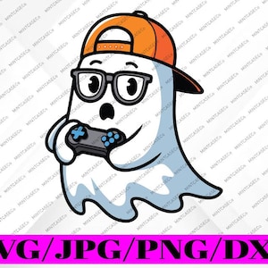 ビデオゲームをプレイするゴースト SVG、ゲーマーのハロウィンコスチューム男の子キッズ SVG、ハロウィン PNG、デジタルダウンロード