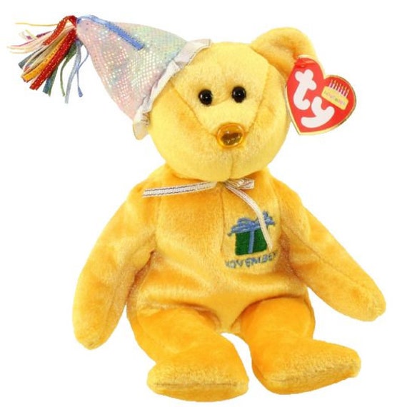 TY Beanie Baby NOVIEMBRE el oso de cumpleanos de peluche con sombrero 9.5 pulgadas