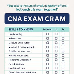 Puede incluir: Una guía de estudio titulada "CNA Exam Cram" con un encabezado azul marino. La guía incluye listas de habilidades a conocer, valores normales de signos vitales, consejos de control de infecciones y consejos de prueba. La guía también tiene casillas de verificación para el seguimiento de la práctica.