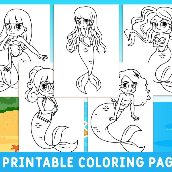 10 Printable Cute Mermaid Coloring Pages for Kids. Seamaids Colouring Book, Party Activity
