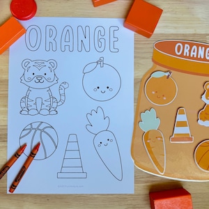 Orange color matching jar with its cut-out pieces placed on it and its coloring page on the left side