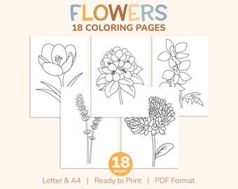18 Printable Flowers Coloring Pages for Kids, Spring Colouring Book, Pictures, Easter Party Activity, Teaching Resources - US Letter and A4
