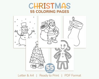 55 páginas para colorear navideñas imprimibles para niños, hojas para colorear navideñas, Papá Noel, muñeco de nieve, elfo, imágenes de pan de jengibre, actividades para fiestas