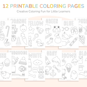 12 printable coloring pages for kids to draw various objects in a single color