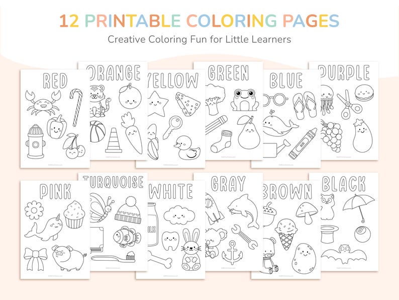 12 printable coloring pages for kids to draw various objects in a single color