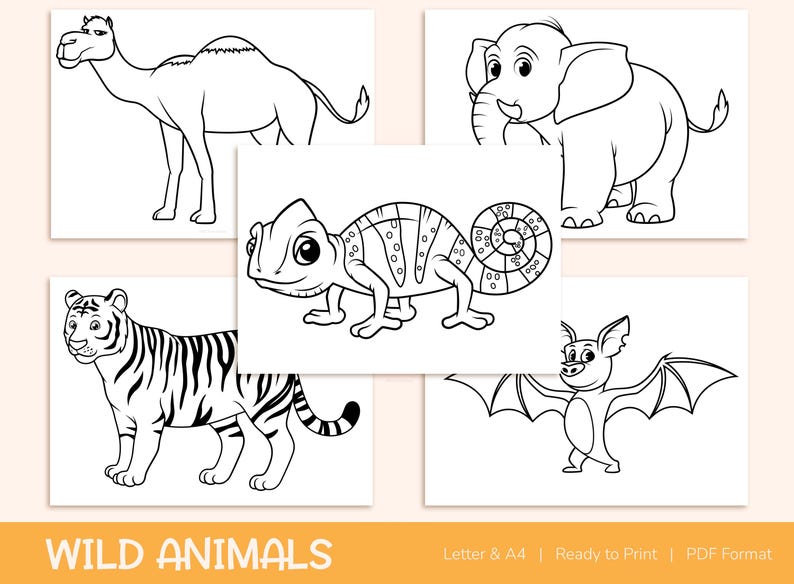 42 Printable Wild Animals Coloring Pages for Kids, Colouring Book, Pictures, Party Activity - A4 and US Letter image 4