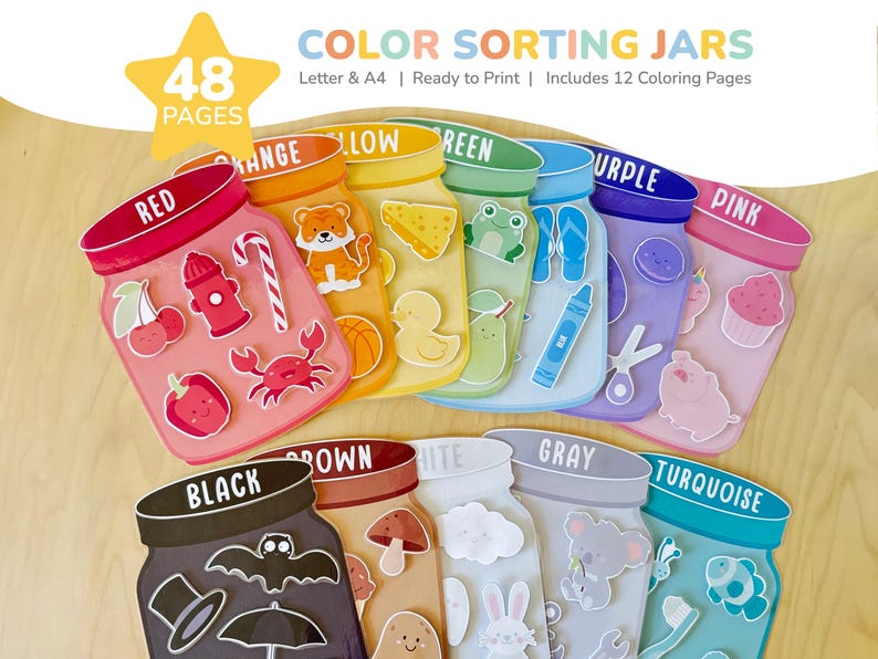 Printable color sorting activity for kids - total 12 color jars - 48 pages
