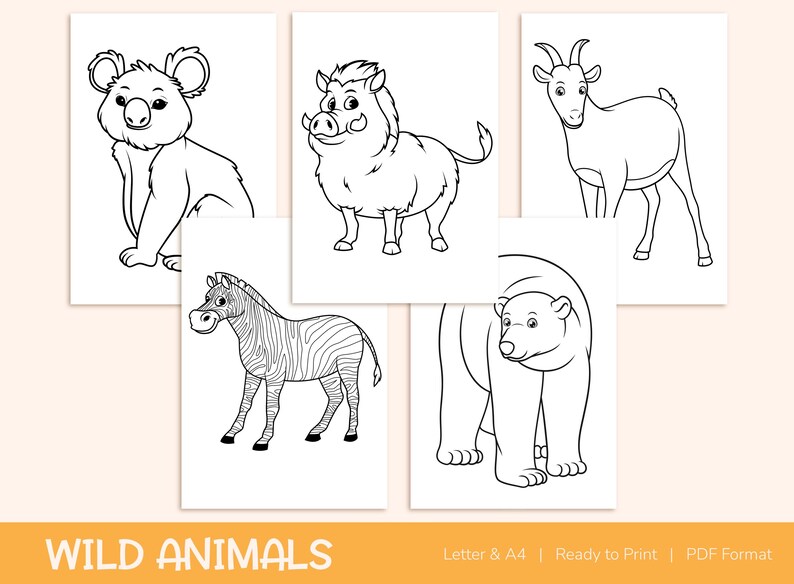 42 Printable Wild Animals Coloring Pages for Kids, Colouring Book, Pictures, Party Activity - A4 and US Letter image 8
