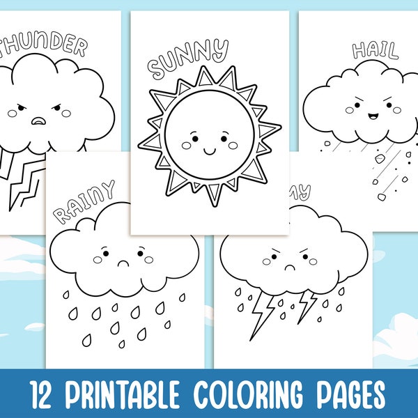 12 Printable Weather Elements Coloring Pages for Kids - With Names - Weather Symbols Colouring Book - Party Activity