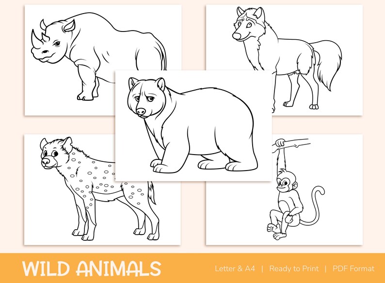 42 Printable Wild Animals Coloring Pages for Kids, Colouring Book, Pictures, Party Activity - A4 and US Letter image 7
