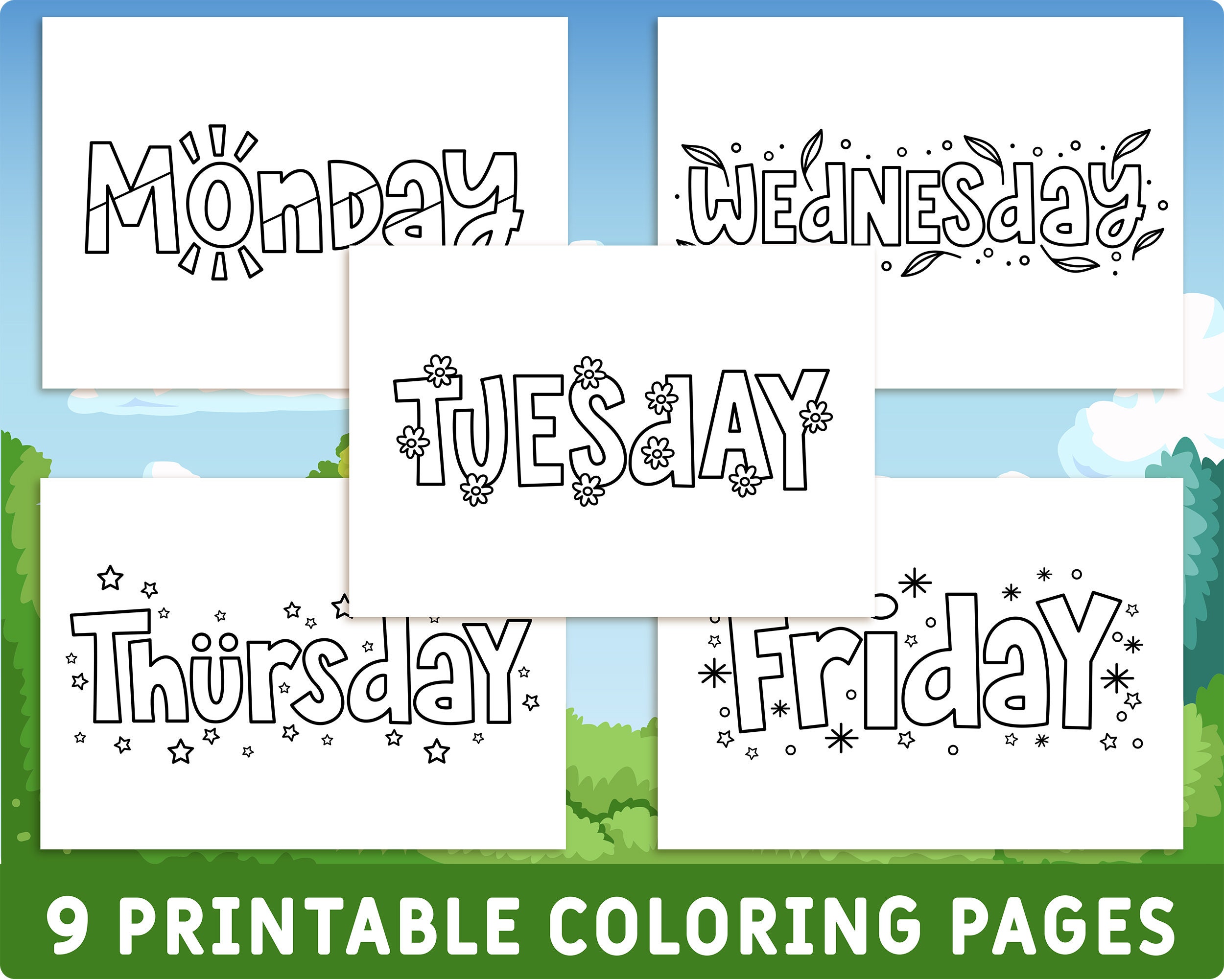 9 Printable Names of Days of the Week, Happy Weekend Coloring Pages for