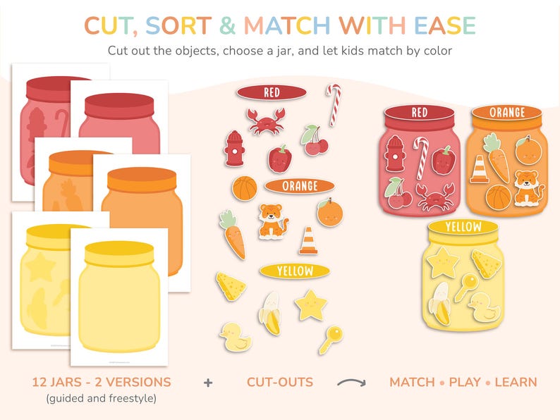 Cut, short, and match with ease! Cut out the objects, choose a jar, and let kids match by color.