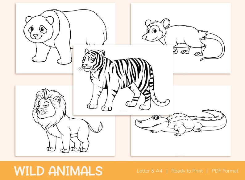 42 Printable Wild Animals Coloring Pages for Kids, Colouring Book, Pictures, Party Activity - A4 and US Letter image 3