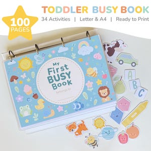 Toddler busy book printable with thirty-four activities, ready to print in both US Letter and A4 sizes, in US and UK English.