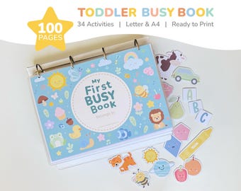 Peut inclure: Un cahier d'activités pour tout-petits de 100 pages et 34 activités, prêt à imprimer. La couverture est bleu clair avec des illustrations de soleil, d'abeille, de lion et d'autres personnages mignons. Comprend des formes et des lettres découpées colorées.