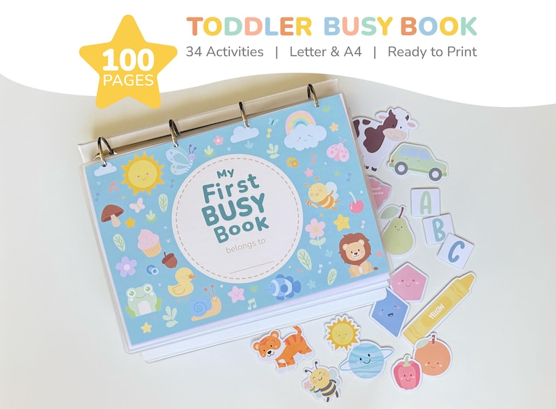 Toddler busy book printable with thirty-four activities, ready to print in both US Letter and A4 sizes, in US and UK English.