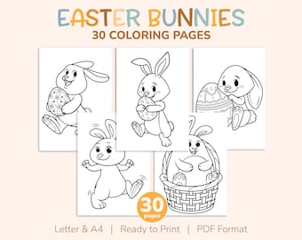 30 páginas para colorear de conejos de Pascua para niños, libro para colorear de primavera, imágenes, actividades para la fiesta de Pascua, recursos didácticos (carta, tamaño A4)