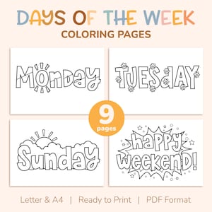 9 nombres de días de la semana imprimibles, ¡Feliz fin de semana! - Páginas para colorear para niños - Libro para colorear de días laborables - Actividad para fiestas - Tamaño A4 y carta estadounidense