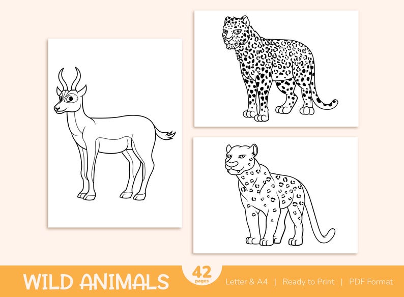 42 Printable Wild Animals Coloring Pages for Kids, Colouring Book, Pictures, Party Activity - A4 and US Letter image 9