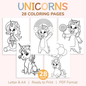 28 Printable Cute Unicorn Coloring Pages for Kids - Mythical Colouring Book - Party Activity - US Letter and A4