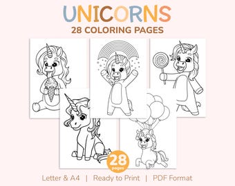 28 páginas imprimibles de unicornios para colorear para niños - Libro de colorear mítico - Actividad para fiestas - Tamaño carta (EE. UU.) y A4