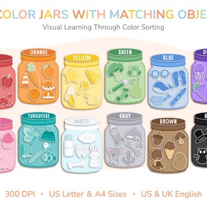 May include: An educational visual aid featuring 12 color-coded jars, each with matching objects. Colors include red, orange, yellow, green, blue, purple, pink, turquoise, white, gray, brown, and black. The image is labeled "12 COLOR JARS WITH MATCHING OBJECTS".