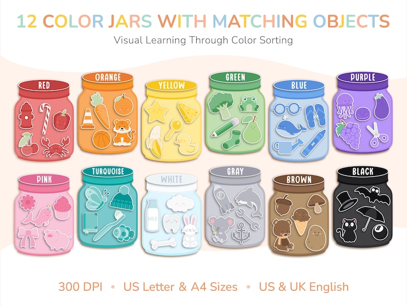 May include: An educational visual aid featuring 12 color-coded jars, each with matching objects. Colors include red, orange, yellow, green, blue, purple, pink, turquoise, white, gray, brown, and black. The image is labeled "12 COLOR JARS WITH MATCHING OBJECTS".