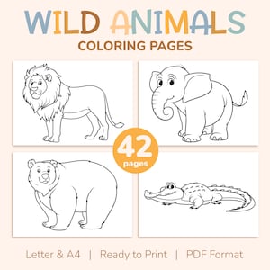 42 páginas para colorir de animais selvagens para imprimir para crianças, livro de colorir, imagens, atividades para festas - A4 e carta dos EUA